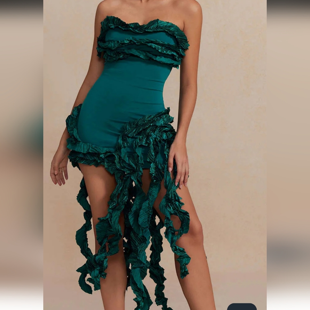 Micas Ruffled Fringe Strapless Midi Dress